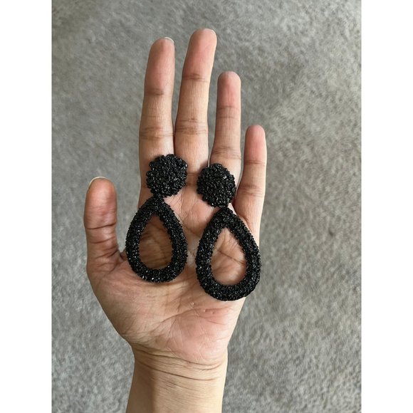 Big Black Earring teardrop metal statement bold chunky Pierced Pageant textured - Picture 3 of 8